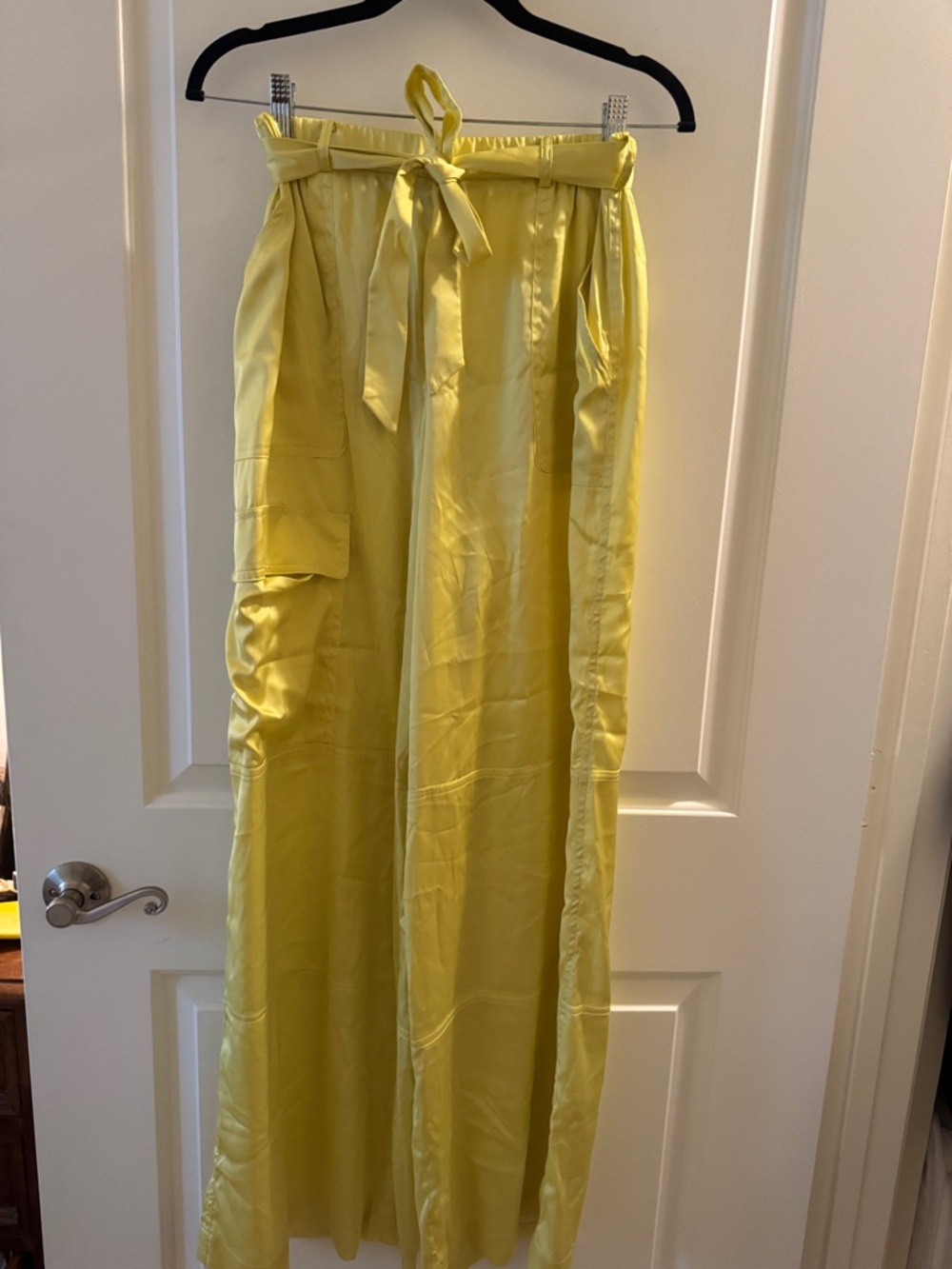 Hutch Yellow Satin Wide-Leg Cargo Pants with Tie Waist